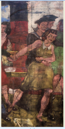 part of an oil painting of woman and some men enjoying their leisure time