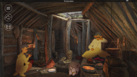 the interior of the house sows people working within a timbers structure around a central fire