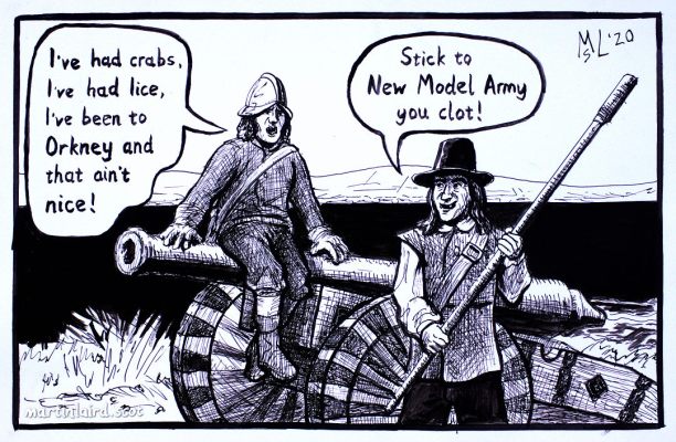 cartoon illustration of two of Cromwell's soldiers in Orkney with one sitting on a cannon and another ready to light it