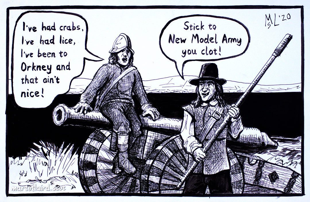 cartoon illustration of two of Cromwell's soldiers in Orkney with one sitting on a cannon and another ready to light it