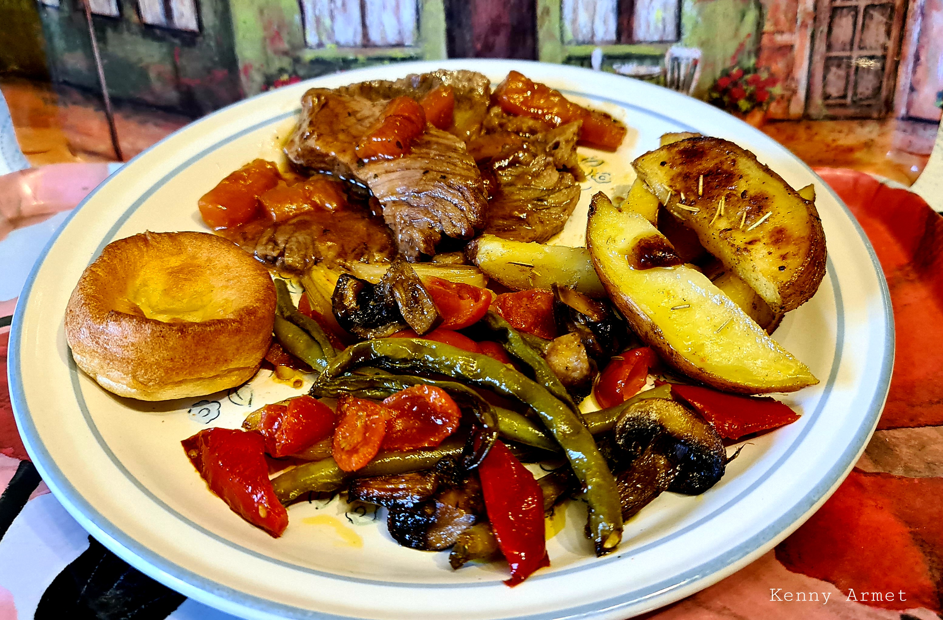 a beef pot roast with beef Yorkshire pudding and roast vegetables