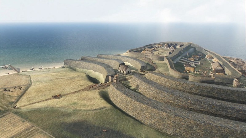 reconstruction showing 4 substantial walls surrounding the hill top
