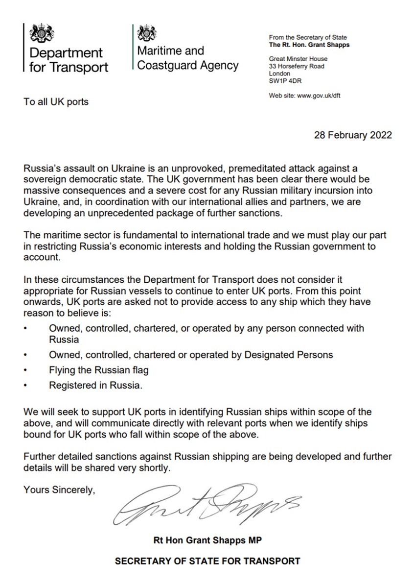 No Entry to UK Ports for  Russian flagged, registered, owned, controlled, chartered or operated vessels