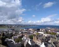 A view across the roof tops with Kirkwall Bay and the peedie sea in the distance