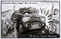 illustration by Martin Laird of a huge road vehicles pushing out the way two cyclists