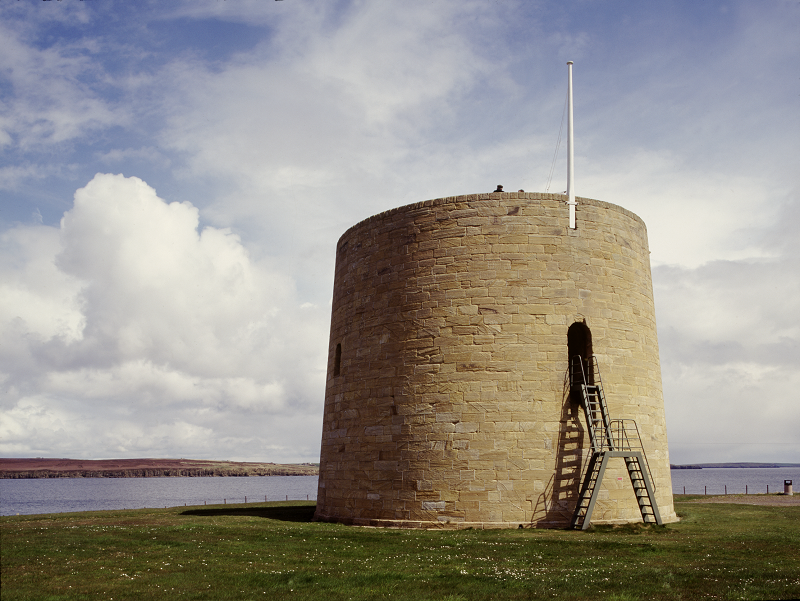 The round Martello Tower at Hackness with the ladders leading up to the doorway