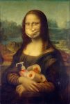Mona Lisa in brown dress holding white plastic bottle painting
