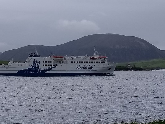 The Northlink ferry the Hamnavoe sailing out of Stromness past Hoy