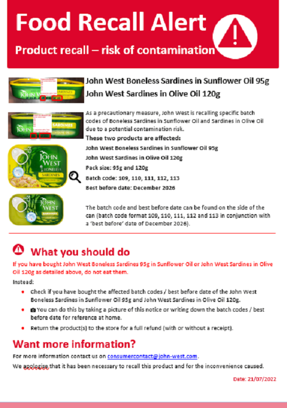 John West Sardines Product Recall