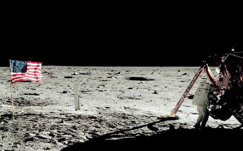 US Flag on the moon Neil Armstrong just on the edge of the picture