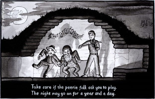 illustration of a man playing a fiddle who has been taken underground into a Mound by the pixies who are dancing to his music