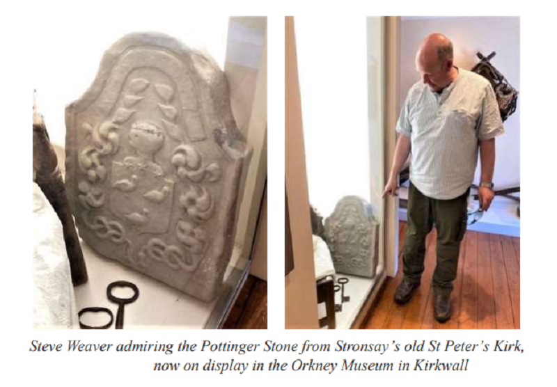 the Pottinger grave stone in the Orkney Museum on a window ledge being looked at by the finder