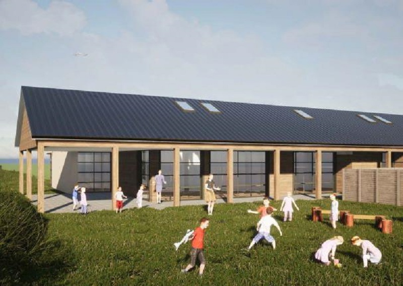 an artists impression of what the single storey nursery will look like with children playing outside