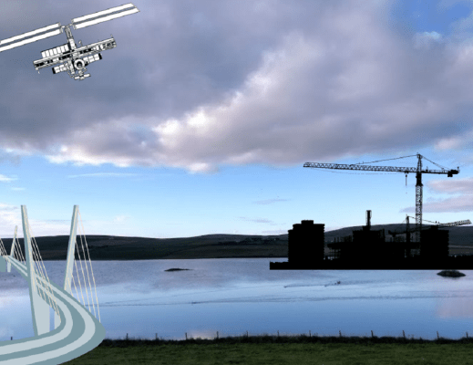 Stenness loch with on the right buildings and a crane, on the left a suspension bridge and in the sky a satellite