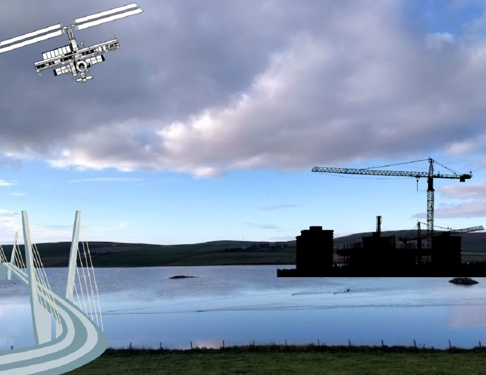 Stenness loch with on the right buildings and a crane, on the left a suspension bridge and in the sky a satellite