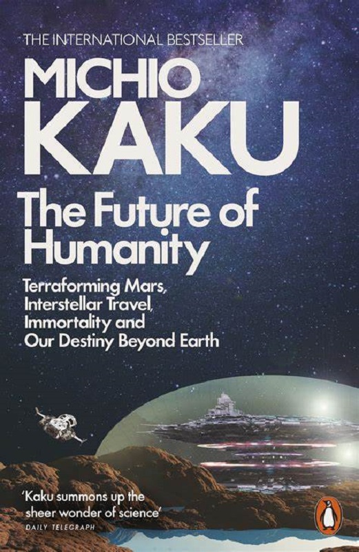 The front cover of The future of Humanity with a space shuttle type vehicle orbiting a domed planet