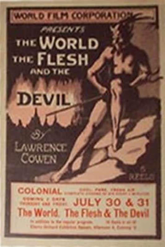 Movie poster for The World The Flesh and The Devil with a city in the background and taking up most of the poster a large image of the Devil with trident