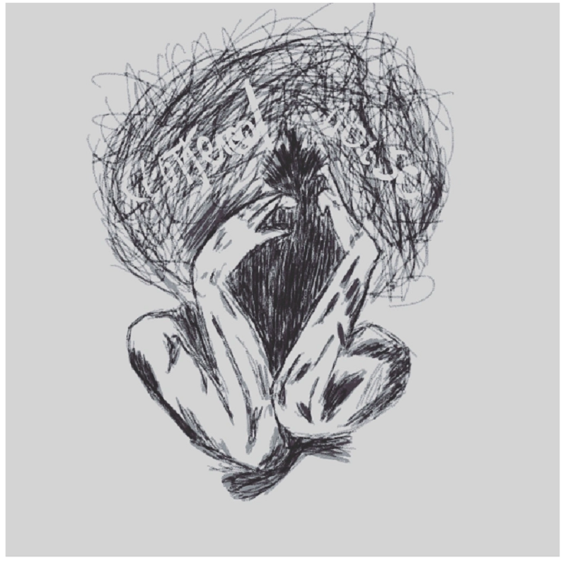 sketch of scrunched up person in pain