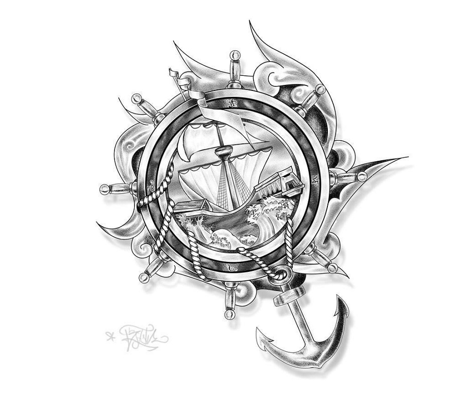 a drawing of a sailing ship in stormy seas encircled by a chain and ropes