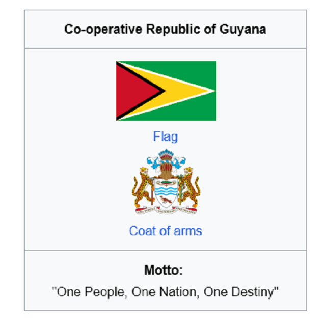co operative republic of Guyana. Coat of arms and motto, 'One People, One Nation, One Destiny'