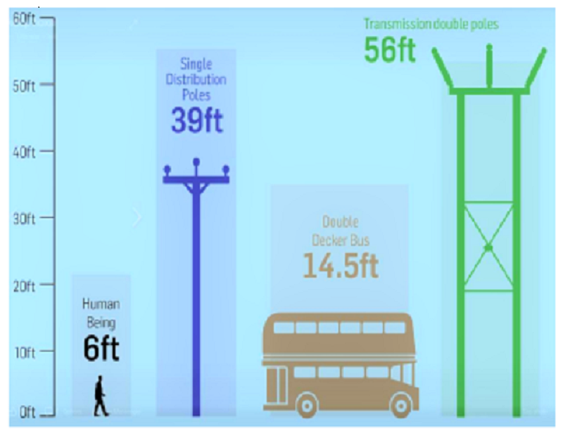 scale comparison,Man 6ft, bus 14.5ft, single distribution pole 39 ft, trident pole 58ft