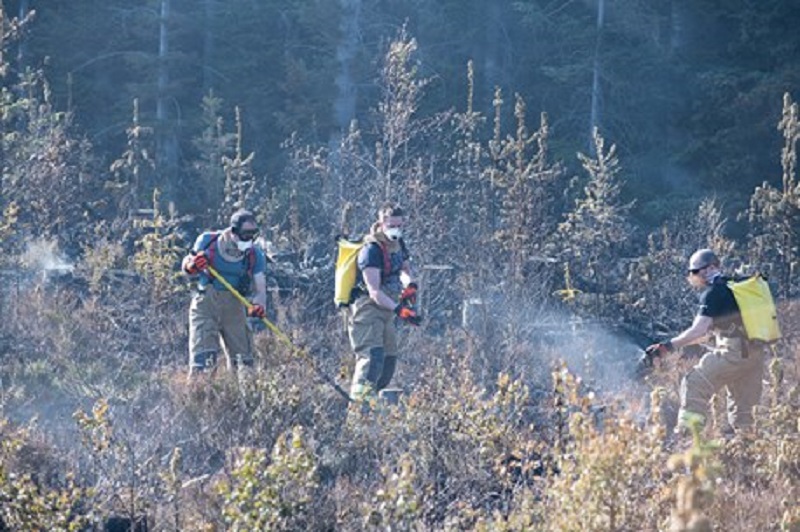 three firefighters in the forest tackling the fire with breathing equipment on