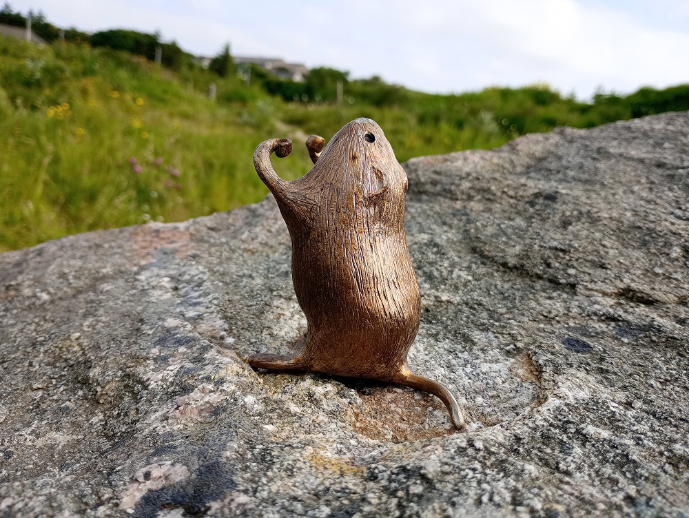 a wee statue of a vole looking up at the sky in Arcadia Park Kirkwall