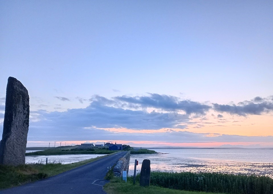 The Watch Stone and the road between the two lochs after the sun's setting at 11pm Midsummer