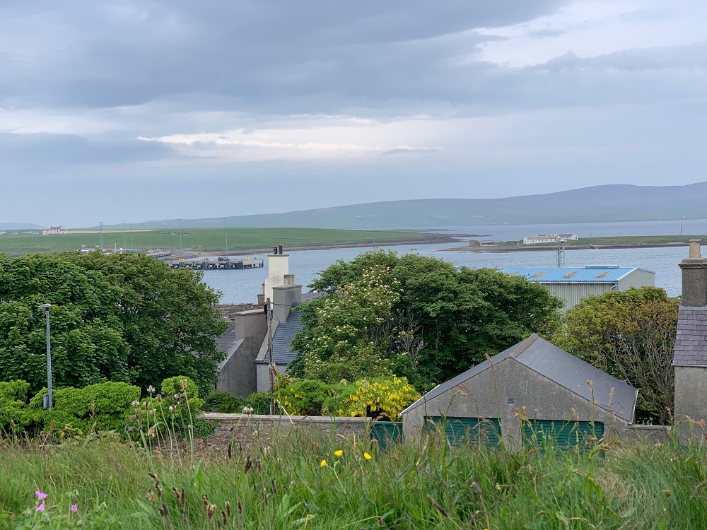 looking from the garden and over rooftops to the bay, Hamnavoe , Stromness