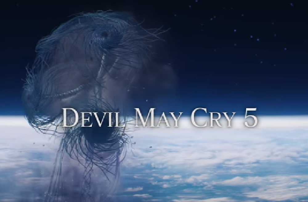 opening screen shot from trailer to Devil May Cry 5 with the title and a swirling frondy figure