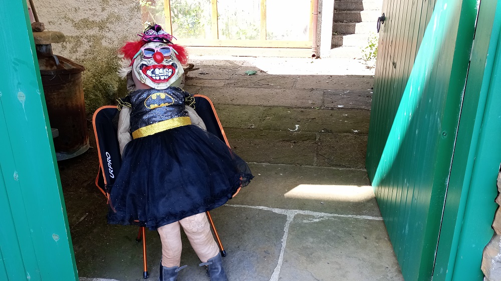 scarecrow lying bakc on a deck chair dressed in a bat girl frilly tutu and with an evil clown face