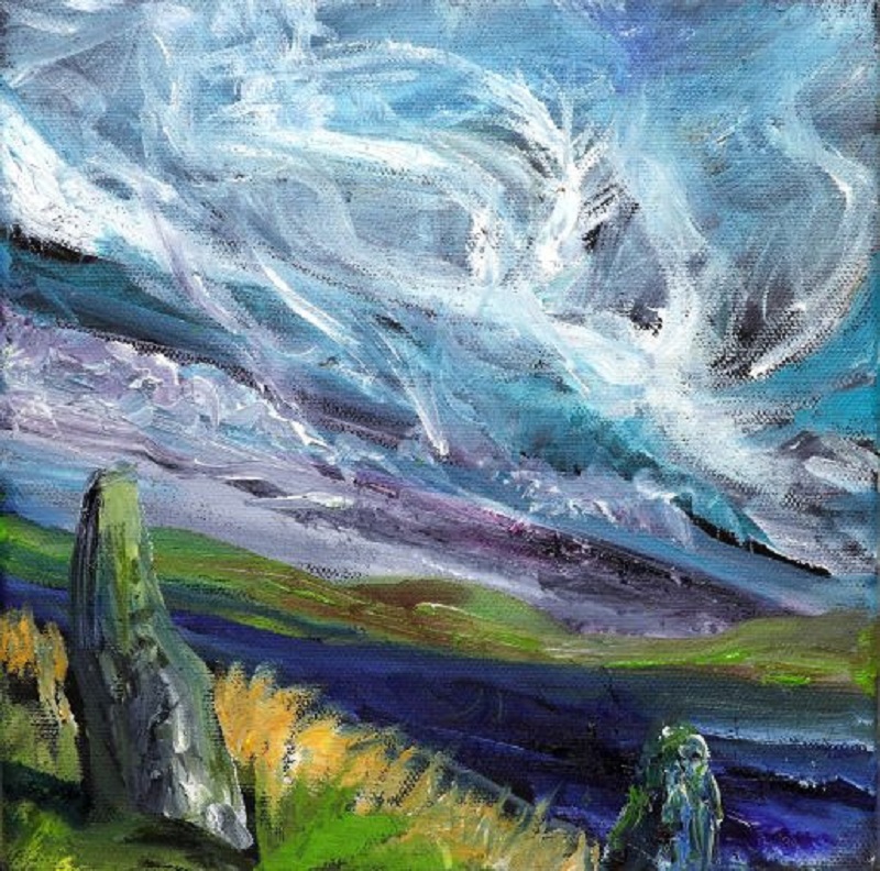 a painting displaying the stormy cloudy skies of Orkney with two small standing stones overlooking the loch