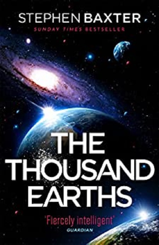 front cover of the book The Thosand Earths with the planet and a swilrling vortex in space along with other planetary bodies