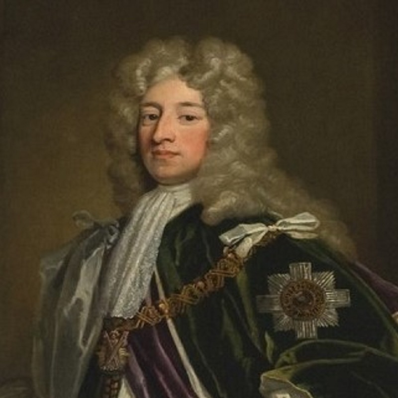 head and shoulders of the Earl of Mar with his long white wig and robes of office