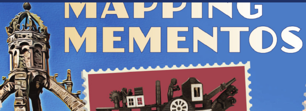 banner header from Mapping Mementos with the spire of Aberdeen University on one side and an illustration of a postage stamp with an image of a travel souvenir on the other