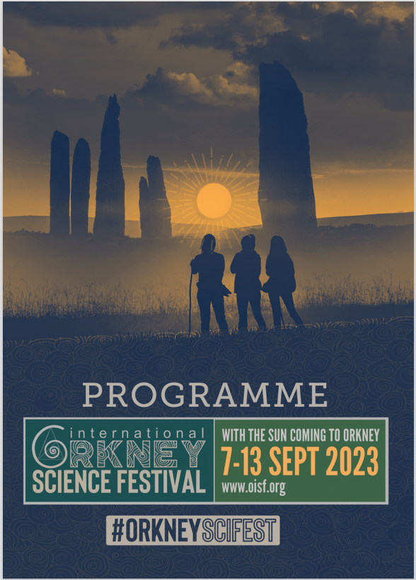 front cover of the festival programme with three people looking at huge standing stone as the sun sets (or rises)
