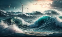 a painting of wind turbines in a stormy ocean with waves. generative ai