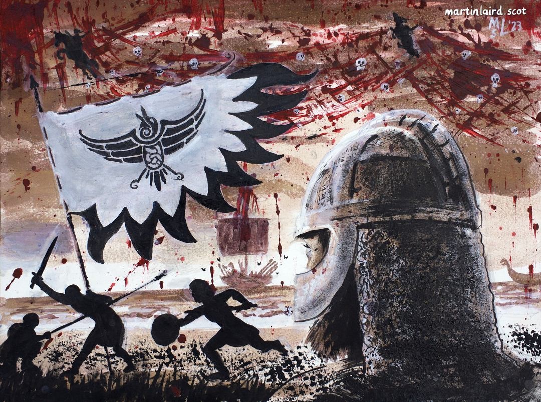 A bloody battle scene with a Viking in armour overlooking the field. ships out at sea and the raven banner being held by a swordsman