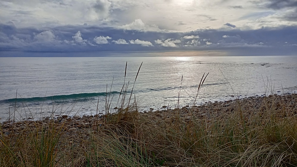 The tide is going out , the sea is calm on a November sky at Dingieshowe Beach looking through some long grass at the shore line