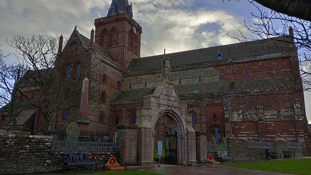 Kirkwall and St Ola War memorial in front of St Magnus Cathedral