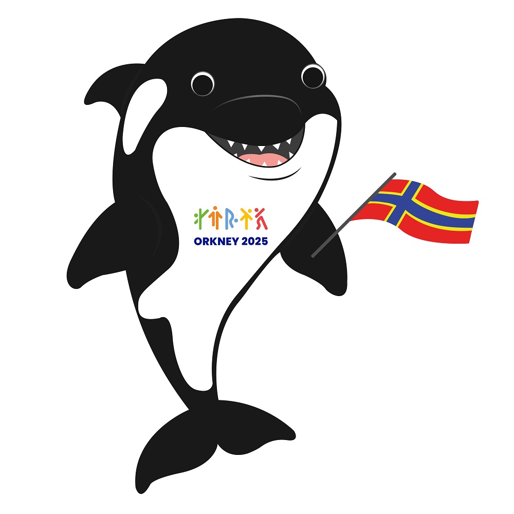 Image of Ola the Orca with the Orkney 2025 logo and holding the Orkney flag