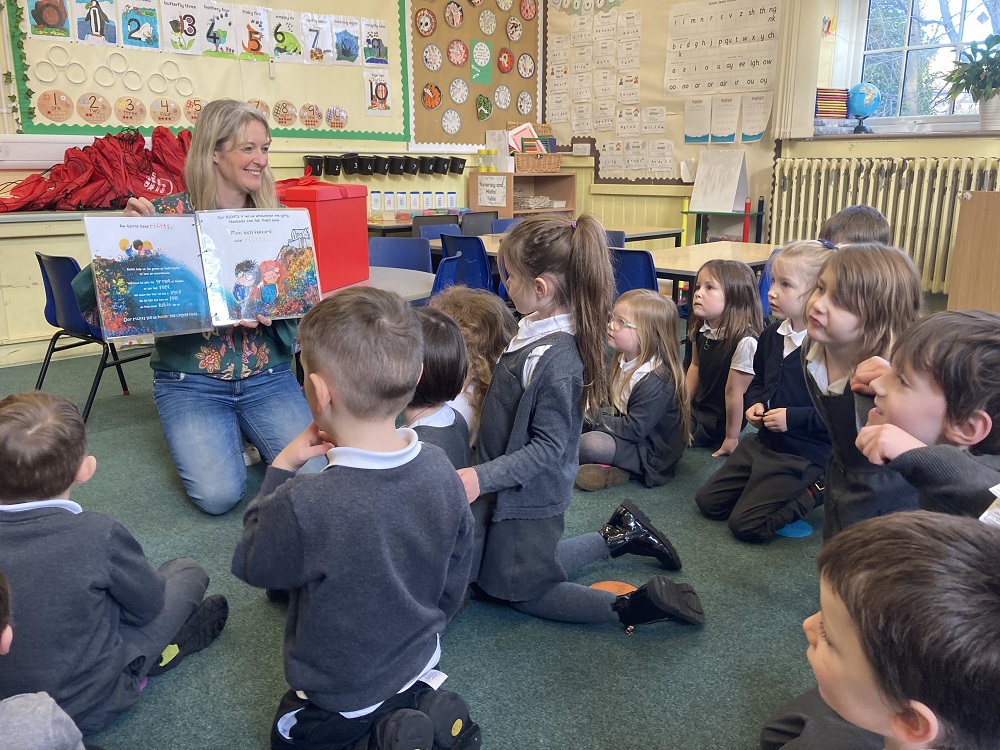 Nicola Killean Burgh Primary School reading to children from the book