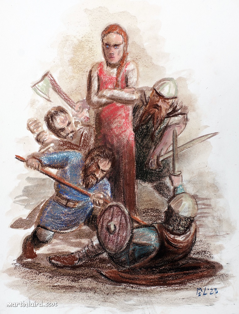 drawing of Ragnhild surrounded by fighting Vikings. She stand in the middle with her arms folded