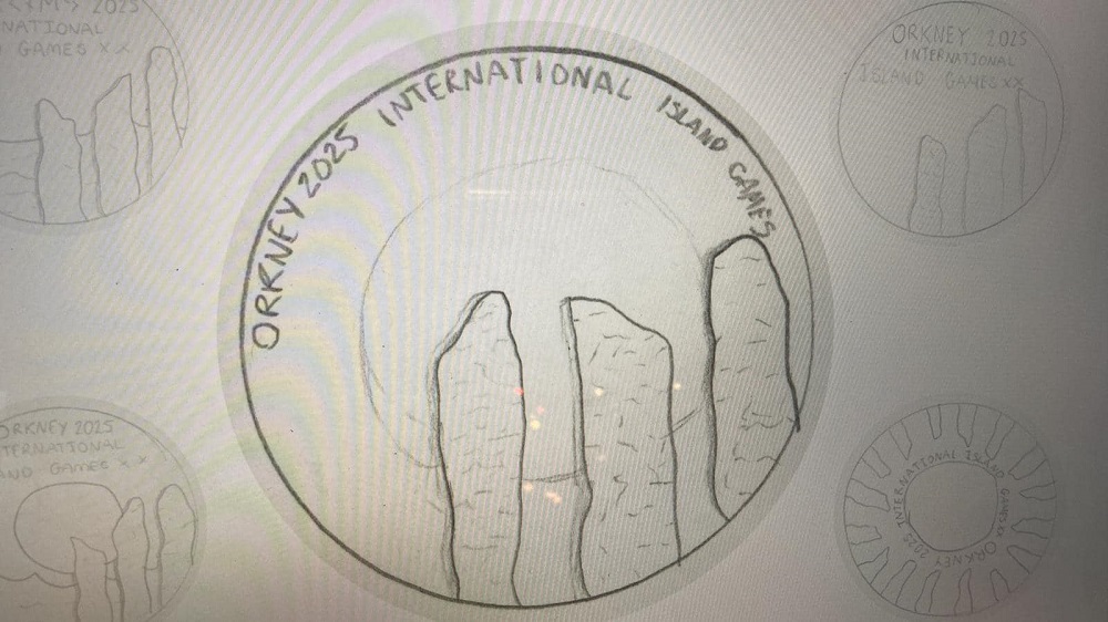 medal design drawing of 3 standing stones in a circle
