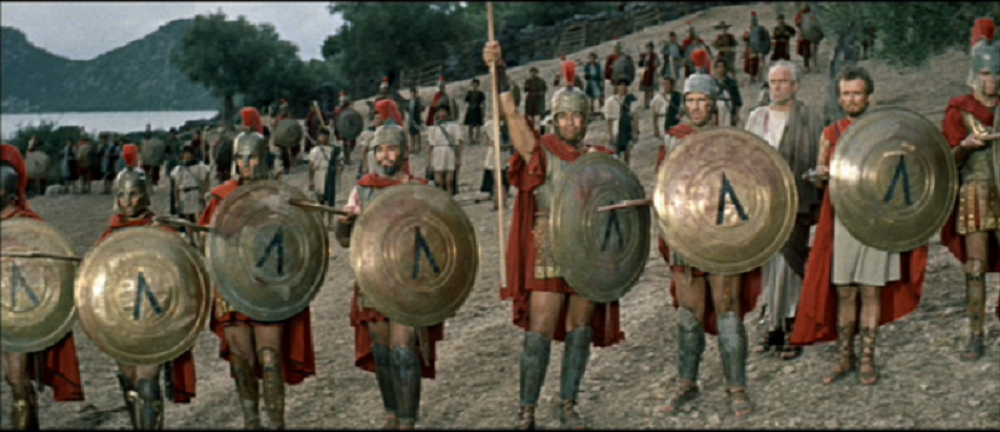 a row of Spartan armed warriors