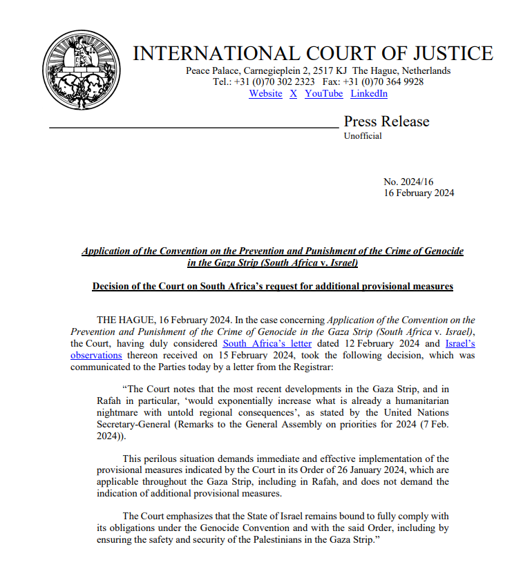 World Court Decision on #Gaza  “emphasizes that the State of Israel remains bound to fully comply with its obligations under the Genocide Convention”