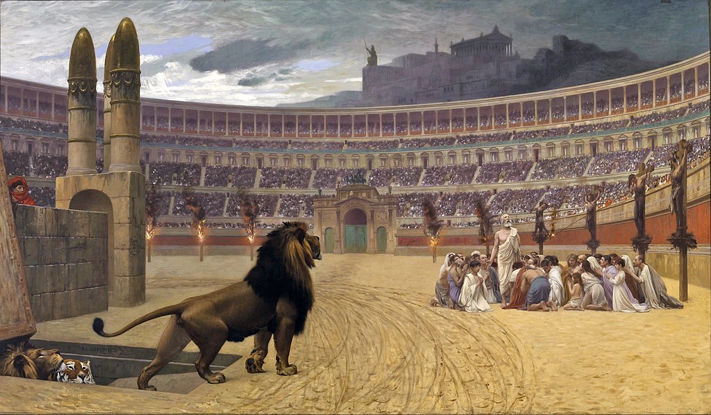 inside the colosseum with Christians gathered round Valentius as a lion enters the arena