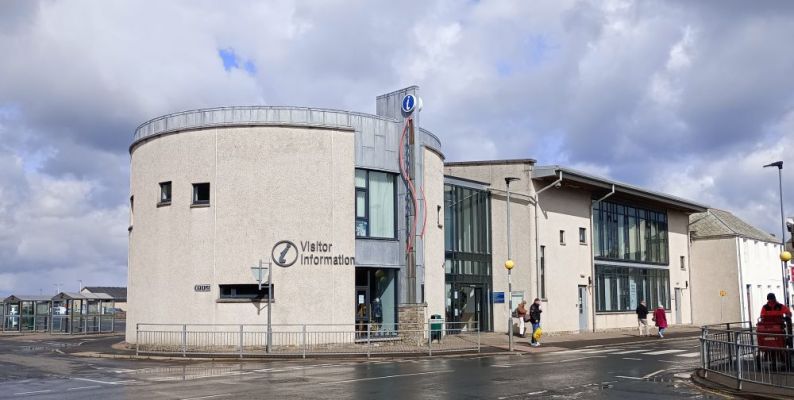 the VisitScotland iCentre building with people outside it