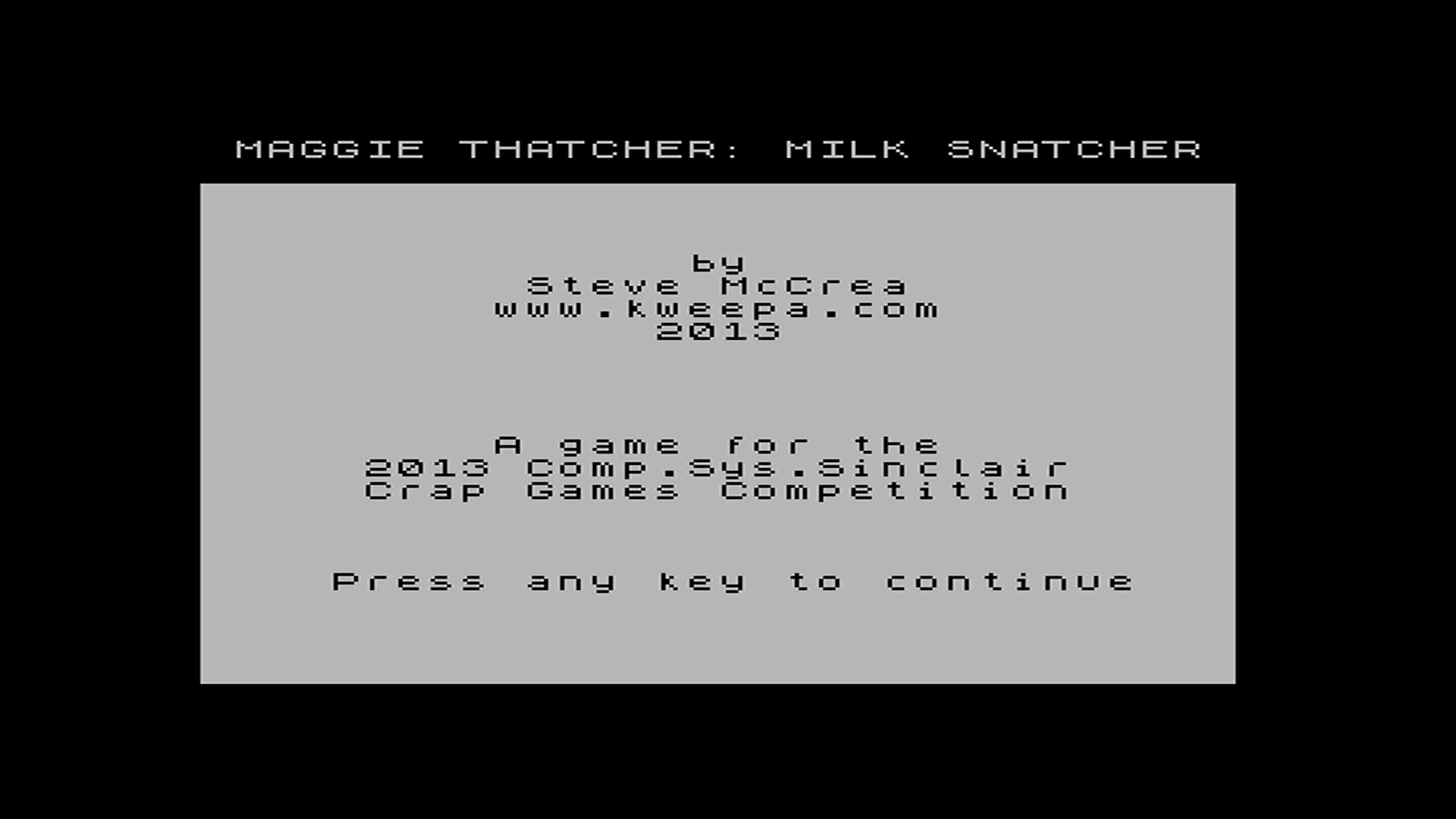 Maggie Thatcher: Milk Snatcher. Title screen by Steve McCrea, 2013.