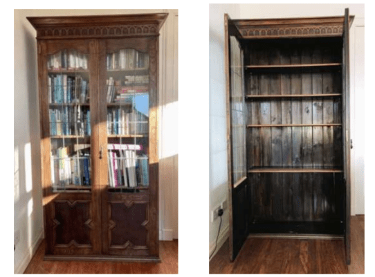 side by side pictures of a very large wooden bookcase with glass fronted doors. On the left is the empty case and on the right filled with books